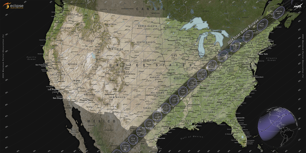 A map of the United States with an eclipse path of totality superimposed.